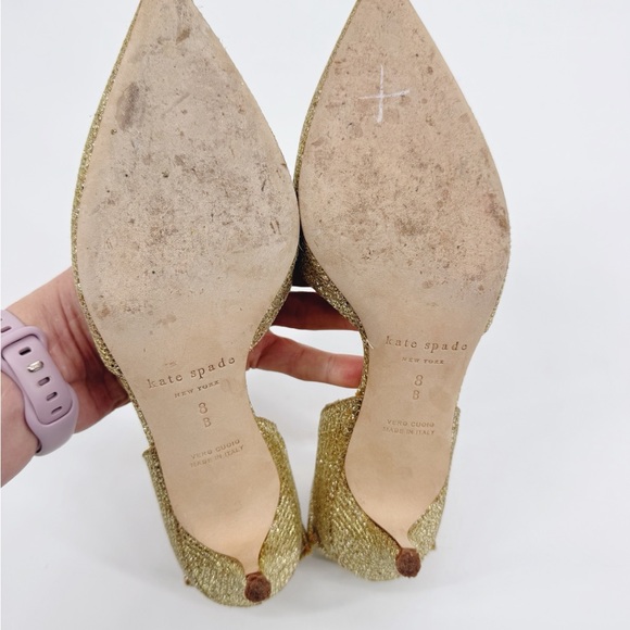 Kate Spade Gold Glitter Kitten Heels Size 8 D’Orsay Pointed Toe Bow Back Italy - Picture 8 of 12